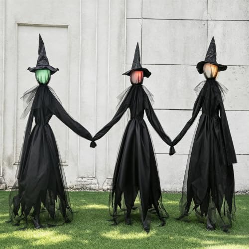 Halloween Witch Yard Decorations with Multicolor Light-Up Heads - Set of 3