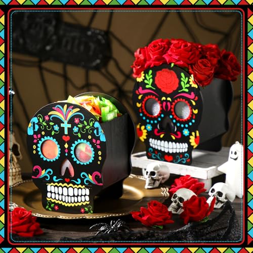 Halloween Sugar Skull Wooden Candy Box Set - Spooky Decor & Storage