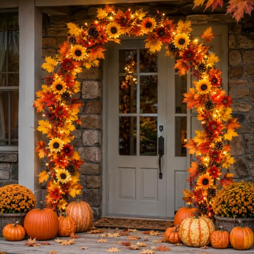 Fall Leaf Garland with Lights - 13.2ft Autumn Decor for Indoor & Outdoor