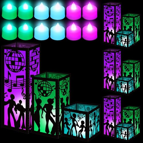 Disco Lantern Centerpieces Set - 12 LED Colored Candles & Paper Lights, Black Pink Green Variations