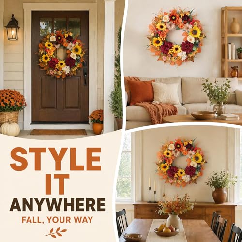 24 Inch Fall Wreath for Front Door Autumn Sunflowers & Seasonal Decor