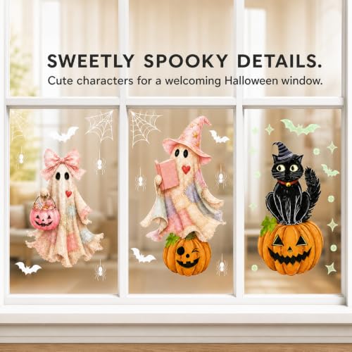 Halloween Window Clings - Cute Ghosts & Pumpkins Static Decal Set - Autumn Ghost Trio Variation