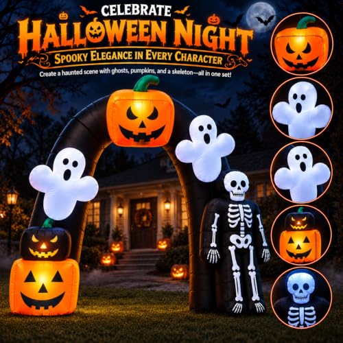 8FT Halloween Inflatable Archway with Ghosts Pumpkins & LED Lights - Yard Decor
