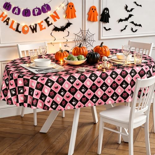 Cute Checkered Halloween Tablecloth 72x54 Inch Oval - Pink & Black Pumpkin Ghost Skull Decor