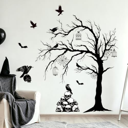 Halloween Wall Decals Large Black Tree with Skull & Crow Variation of Black Tree