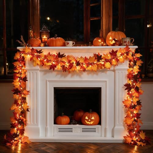 12Ft 50 LED Fall Garland with Lights - 8 Modes Waterproof Battery Operated for Indoor Holiday Decor - 2 Pack