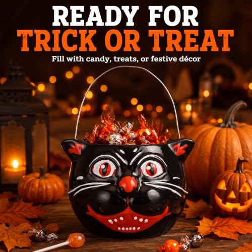 Halloween Black Cat Bucket Vase - Vintage Resin Trick or Treat Basket - Black & White