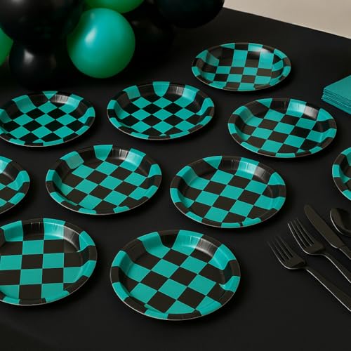 Party Checkered Plates and Napkins Set - 150 Pcs Green & Black