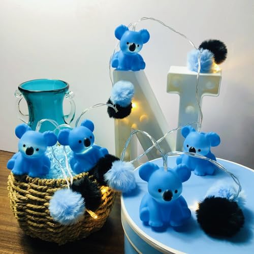LED String Light with Pom Poms & Painted Cartoon Animals Koala Blue 1.65m 10 LEDs