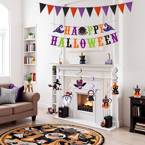 Halloween Banner Indoor Decor Set with Flags, Swirls & Characters - Orange & Purple