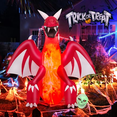 8ft Halloween Inflatable Fire Dragon Yard Decoration with LED Lights Waterproof