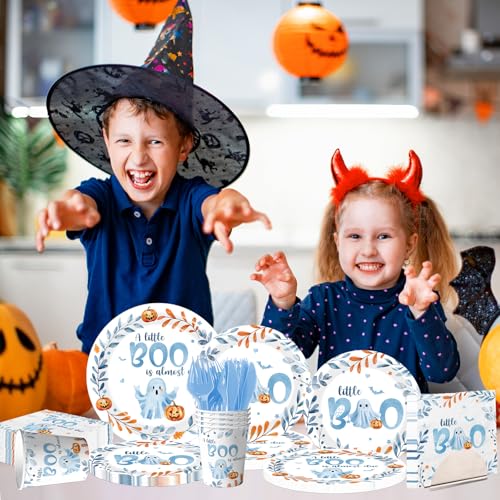 Blue Baby Shower Paper Plates Napkins Cups & Cutlery - Spooky Halloween Theme - Serve 24 - Variation: Blue