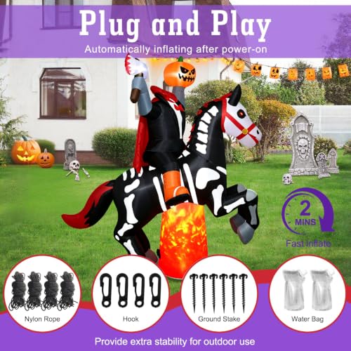 8Ft Headless Horseman Halloween Inflatable Yard Decoration - Outdoor Blow Up Halloween Decor with Lights