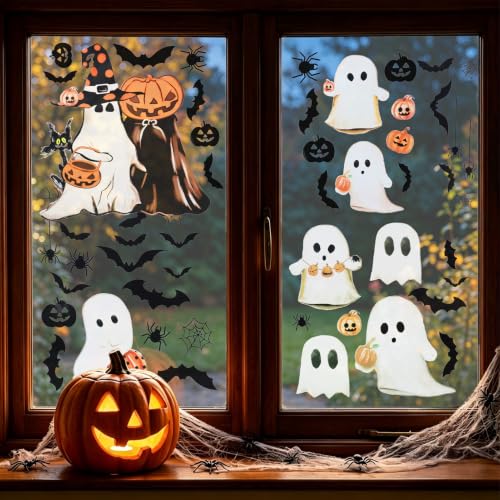 Halloween Window Clings 137 Pcs Ghost Pumpkin Bat Black Cat Static Stickers