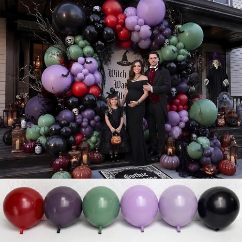 Halloween Balloon Arch Kit - Sage Green Purple Red with Bat Stickers - Variation of Green Purple Red Halloween