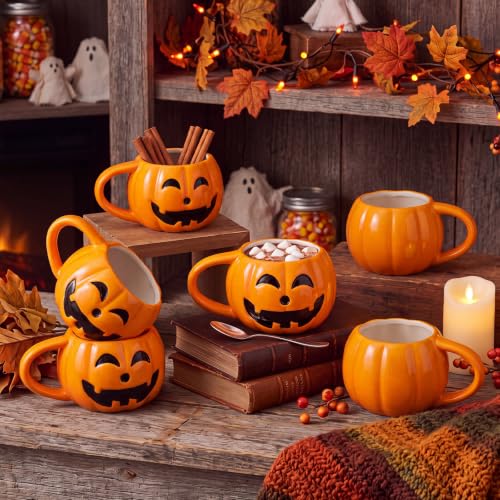Halloween Pumpkin Coffee Mugs Set of 6 - Orange Ceramic Cups for Hot Drinks