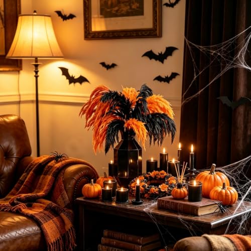 Black and Orange Pampas Grass for Halloween Decorations - 17 Inches