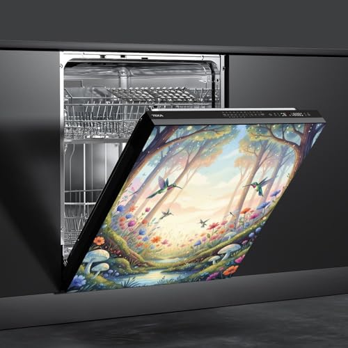 Spring Forest Floral Dishwasher Magnet Cover - Colorful Fridge Panel Decal, Trimmable 26x23 Inch, Bird & Flower Design