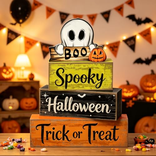 Halloween Tiered Tray Decor Wooden Sign Set Boo Pumpkin Ghost Rustic Fall Home