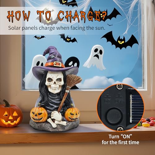 Halloween Skeleton Witch Decoration with Solar Eyes & Pumpkins - Indoor Figurine, Gothic Home Decor, Party Ornament - Variation of THIS Listing