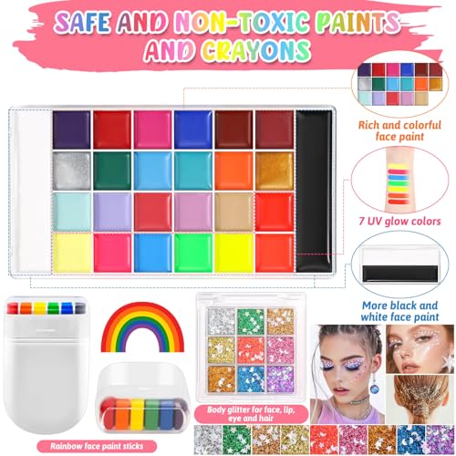 Kids Face Paint Kit with 26 Colors, Stencils, Glitter & Gems for Parties