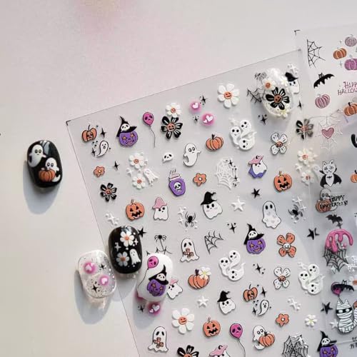 Halloween Ghost Nail Art Stickers 5D Embossed Pumpkin Skull Spider Web - Style C, 2 Sheets