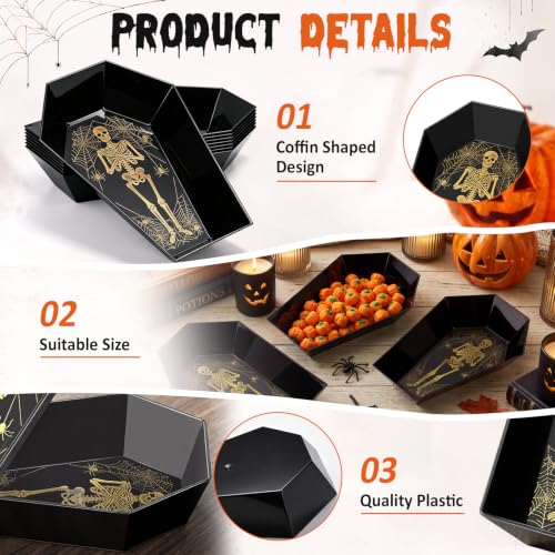 Halloween Candy Bowls Set - 24 Black Coffin-Shaped Plastic Trays with Skeleton & Spiderweb Details - Variation: Skeleton Coffin / Black / 24