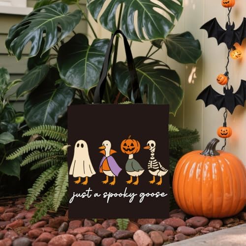 Just a Spooky Goose Halloween Canvas Tote Bag for Women - Black