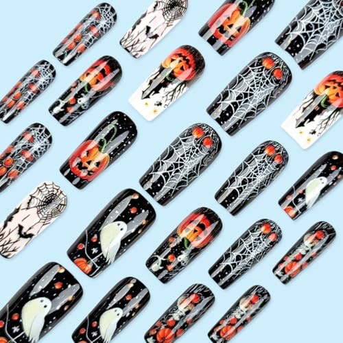 Halloween Press-On Nails Long Square Fake Nails with Ghost Pumpkin Spider Web Bat Designs - Black White Orange, 24Pcs - Variation 4