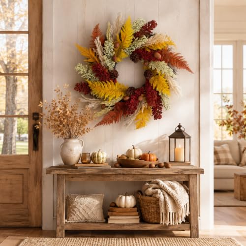 Aelora 24 Inch Fall Wreath for Front Door - Pine Cones, Wheat Ears, Autumn Decor - Variation A
