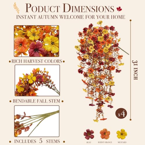 Artificial Fall Flowers for Outdoors - 4pcs Autumn Decor in Orange Yellow Brown