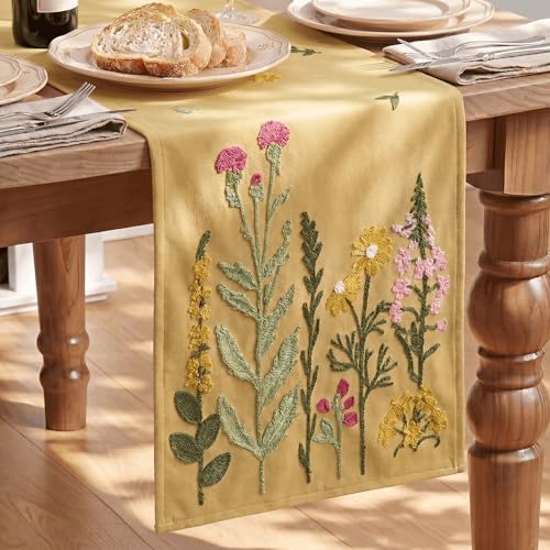 Light Camel Floral Embroidery Table Runner 13x72 Inch for Kitchen Dining - Spring Summer Home Decor