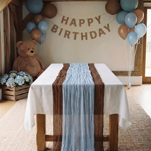 Blue and Brown Cheesecloth Table Runner Set - 6 Pieces, 118 Inch Length, Rustic Wedding & Party Decor