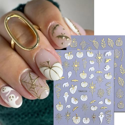 Halloween Nail Stickers Set - 8 Sheets Fall Nail Art Decals for Women - Ghost Spider Web Pumpkin
