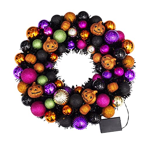 Halloween Wreath with Lights and Pumpkin Ornament - 18 Inch Pumpkin Variation