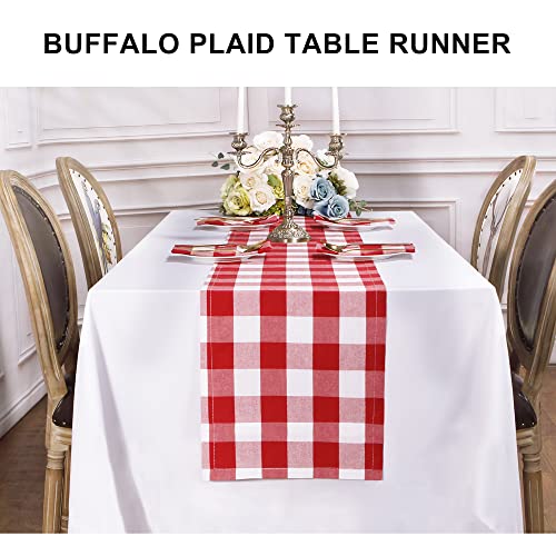 Buffalo Plaid Cotton Blend Table Runner - Red & White Checkered Farmhouse Decor, 14x108 Inch