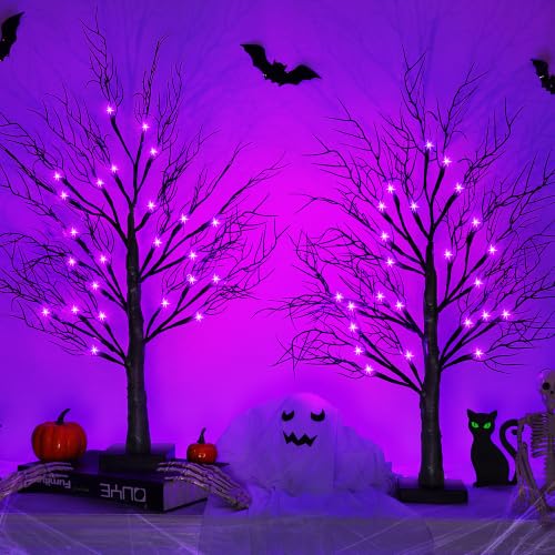 Purple Halloween Black Tree Decorations 24 Inch 2 Pack with Lights & Timer