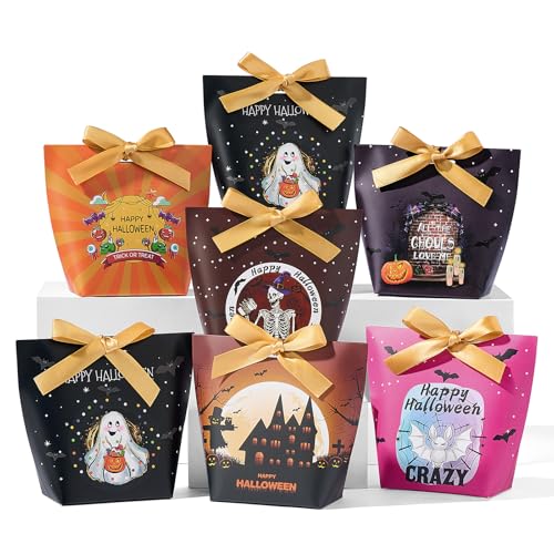 Halloween Treat Boxes with Ribbons - 24 Pack Festive Gift & Goodie Boxes - Variety of Designs