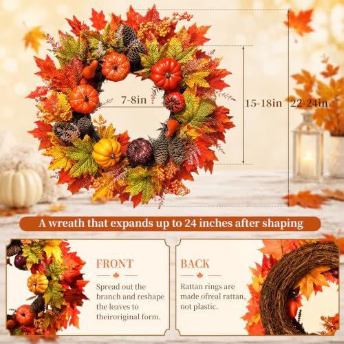 24-Inch Fall Wreath with Lights & Welcome Sign - Autumn Front Door Decor