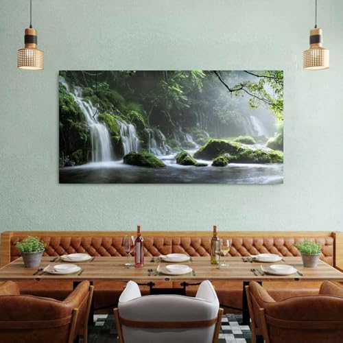 Forest Waterfall Canvas Wall Art - 57.8" x 30" Green Forest Nature Landscape Painting for Living Room & Bedroom - Waterfall Water Scene Wall Decor