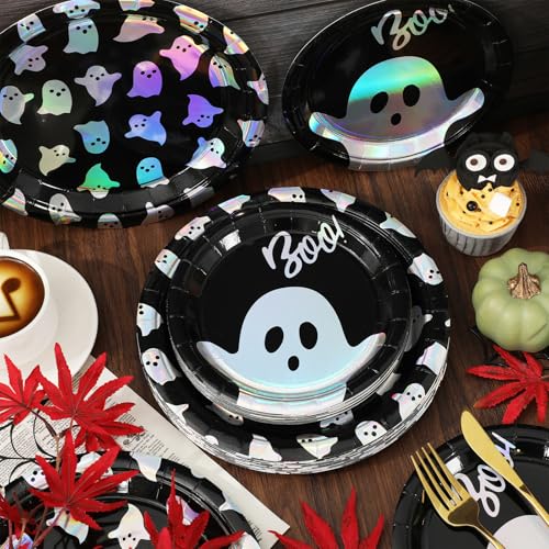 Iridescent Black Halloween Paper Plates Set - Ghost Boo 7 & 9 Inch Disposable Tableware