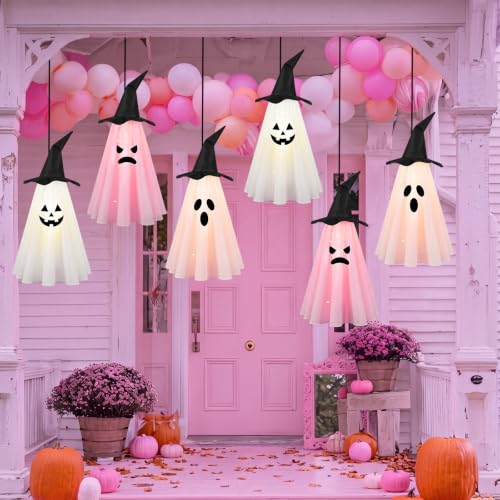 Pink Halloween Ghost Decorations Set - Outdoor Hanging LED Ghosts for Yard & Party
