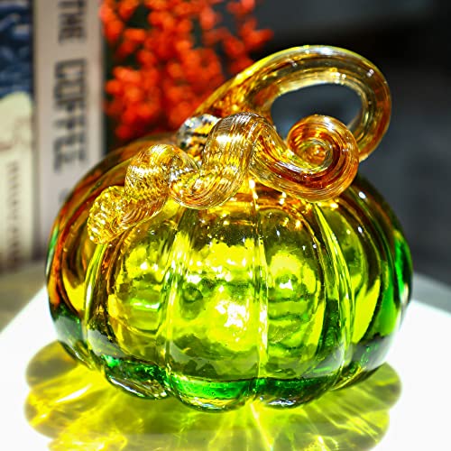 QFkris 5 Inch Hand Blown Glass Pumpkin Figurine - Olive Green Fall Decor
