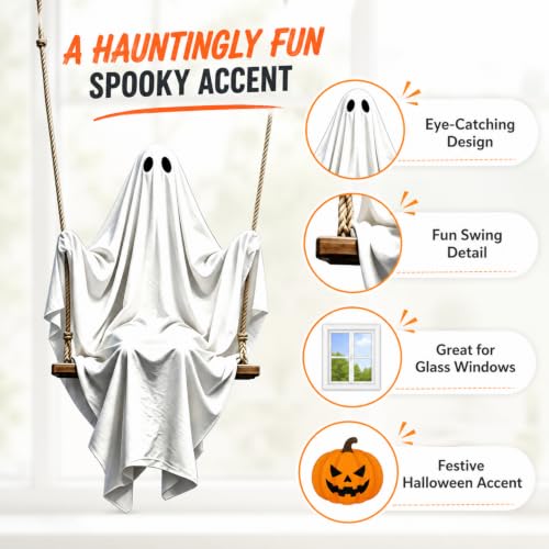 Halloween Static Window Cling - Cute White Ghost on Swing - Reusable Spooky Ghost Window Sticker - Style6