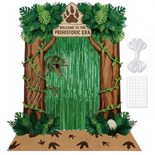 Dinosaur Party Decorations Set with Door Cover, Foil Curtains & Rug - Dinosaur Variation