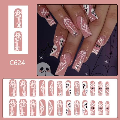 Halloween Press-On Nails Long Square Spider Web Ghost Design - Style 19 - 24 Pack