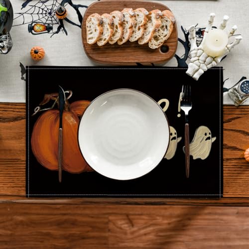 Black Rectangular Halloween Ghost Placemats Set of 4 - 12 x 18 Inches