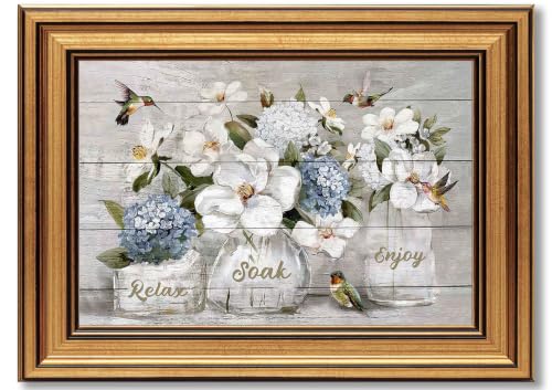 Hydrangea & Hummingbird Floral Canvas Wall Art - Rustic Bathroom & Living Room Decor 11x9in