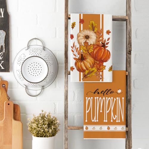 Pumpkin Fall Kitchen Towels Set of 4 - 18x26 Inch Orange Stripes