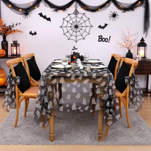 Ghost Halloween Tablecloth 60x120 Inch Black Ghost Tulle Cover - Rectangular